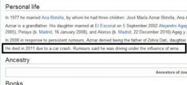 La Wikipedia mata a José María Aznar en un accidente de tráfico y Twitter le da ánimos