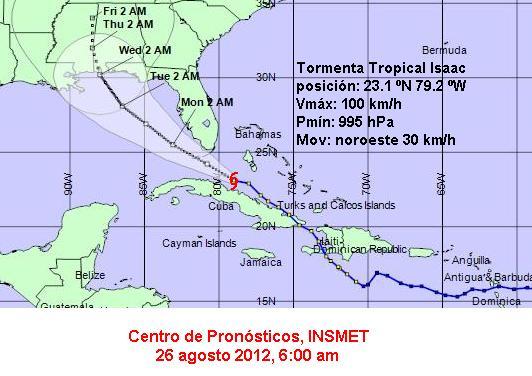 TORMENTA TROPICAL ISAAC ganó algo en intensidad y continúa por los mares al norte del centro de Cuba...